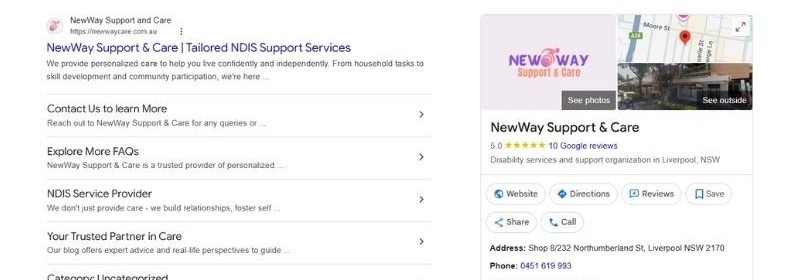 Local SEO for NDIS Providers - NDIS SEO Hero image - google resuluts for Newway support and Care - NDIS Local SEO - Google buisiness profile